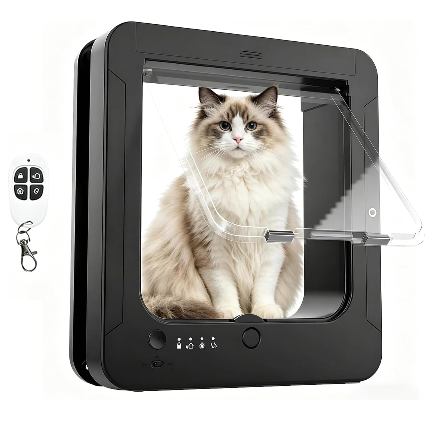 Puerta Inteligente para Mascotas con Microchip para Gatos Y Perros Pequeños | （tamaño exterior 11,5" x 10") desbloqueo automático con 2 llaves de collar remotas cierre de 4 vías puerta para gatos(black)