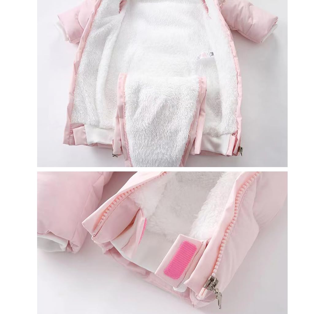 Combinaison de Neige Bébé Garçon Fille Hiver avec Capuche Pieds Barboteuse Gants Bordure Fourrure Détachable Rose 9-12 Mois