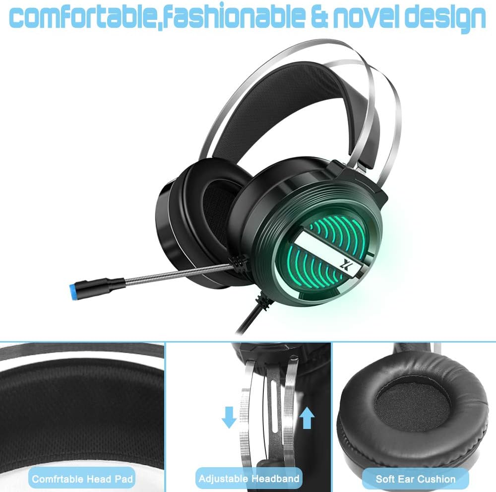 Dland Gaming Headset with Mic and Changeable LED Light for Laptop,Computer, Cellphone, PS4 and Xbox,3.5mm Wired Noise Isolations Gaming Headphones with Volume Control-Black