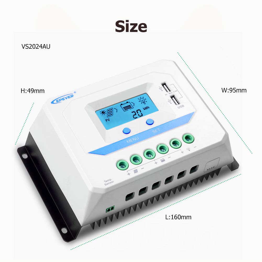 EPEVER® 20A Controlador de Carga Solar 12V/24V Identificación Automática Regulador con Pantalla LCD y Puertos USB - VS2024AU