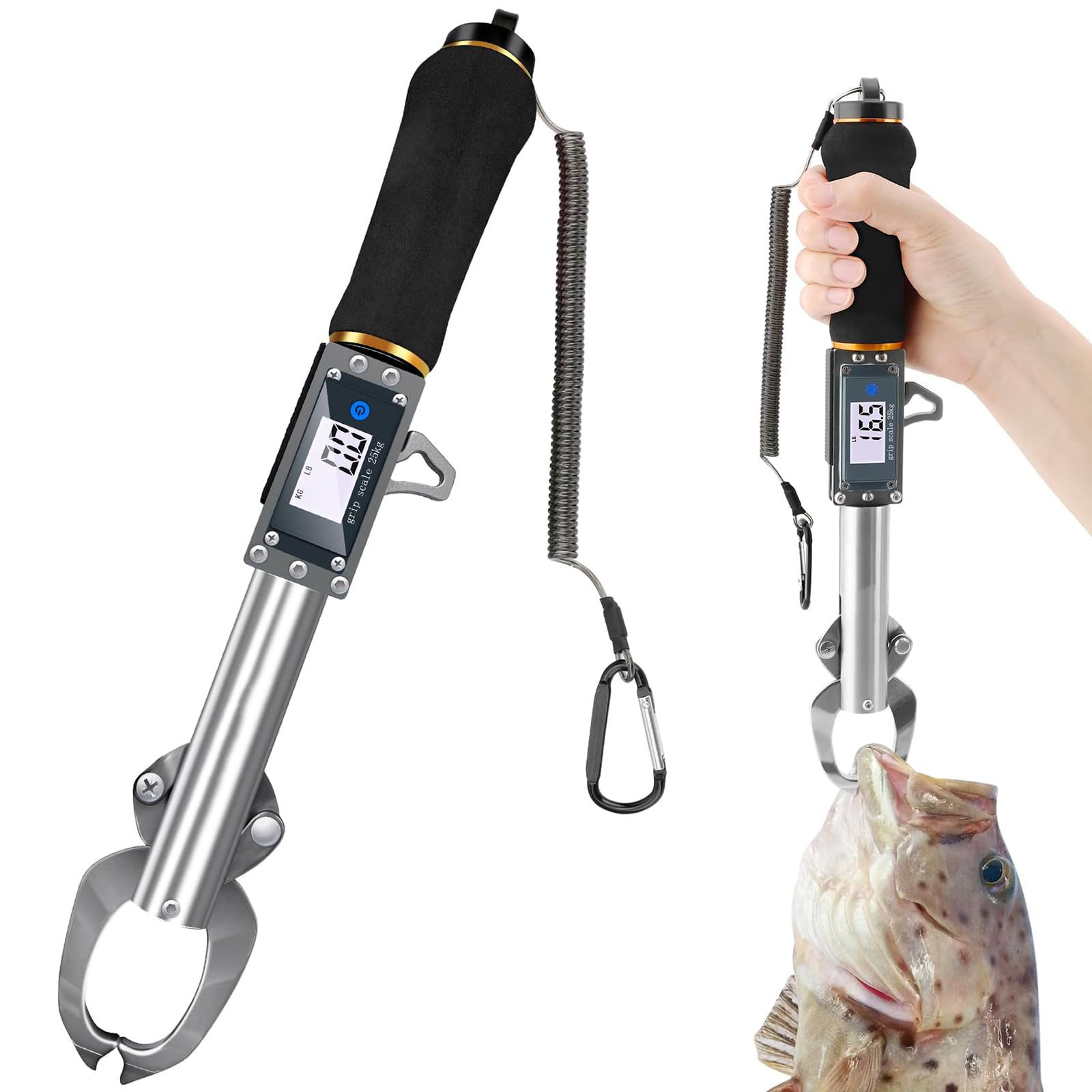 Báscula Digital para Peces, agarrador de Labios para Peces Profesional de Acero Inoxidable, alicates de Pesca multifuncionales Báscula de Peso de 25 kg / 55 LB,Negro