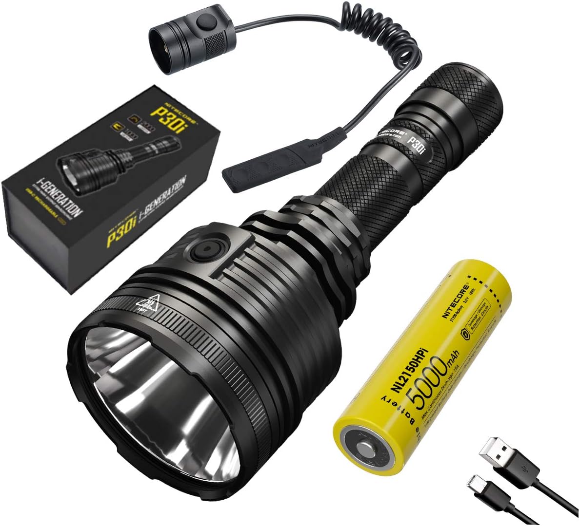 P30i i-Generation High Output Searchlight - 2000 Lumen, 1000 Meter, with Eco-Sensa TypeC USB Cable & RSW2i Remote Pressure Switch (Original Package Only)