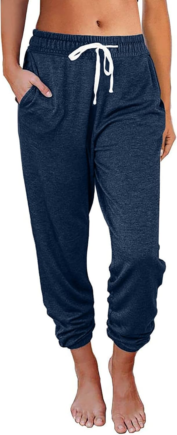 Casual Loose High-Waisted Jogger Trousers for Women Elastic Cuff Ankle-Length Sweatpants with Pockets, Comfort Bottoms