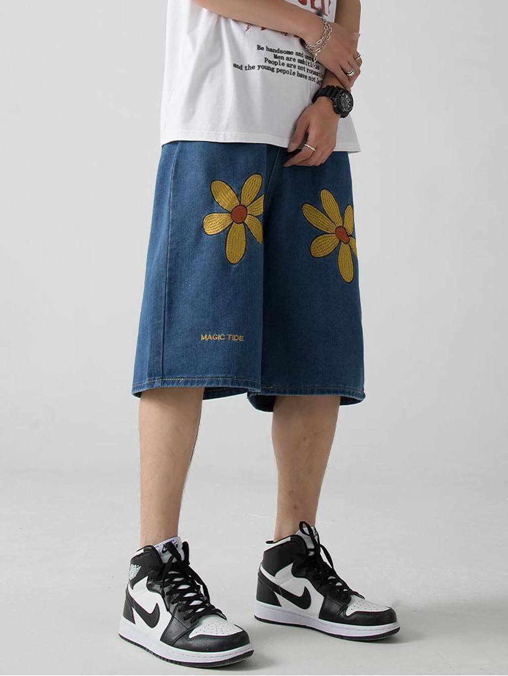 Mens Bermuda Jean Shorts Summer Floral Print Loose Fit Baggy Denim Shorts with Pockets