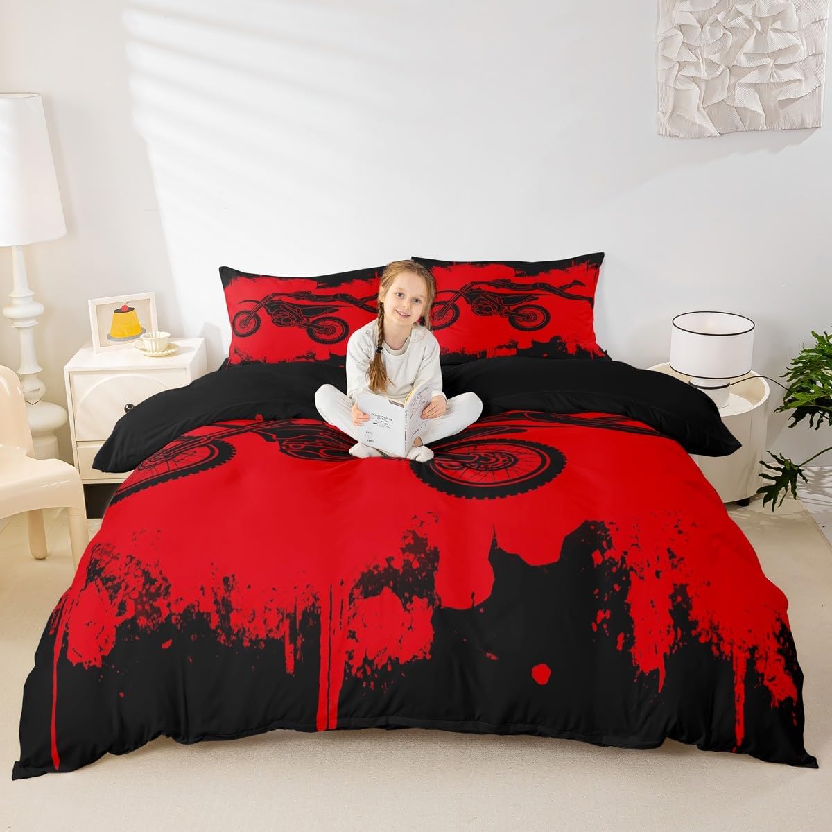 Erosebridal Dirt Bike Duvet Cover, Motocross Rider Comforter Cover Motorcycle Game Quilt Cover Full Size,Motorbike Extreme Sport Bedding Set for Kids Boys Teens Trendy Duvet Cover, Red Black
