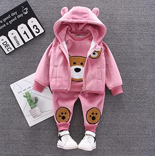 Image of Bold N Elegant Cotton Blend Cute Cartoon Bear Graphics Winter Warm Sweatshirt Hood Jacket And Jogger Pant 3 Pc Layering Clothing Set For Infant Toddler Kids