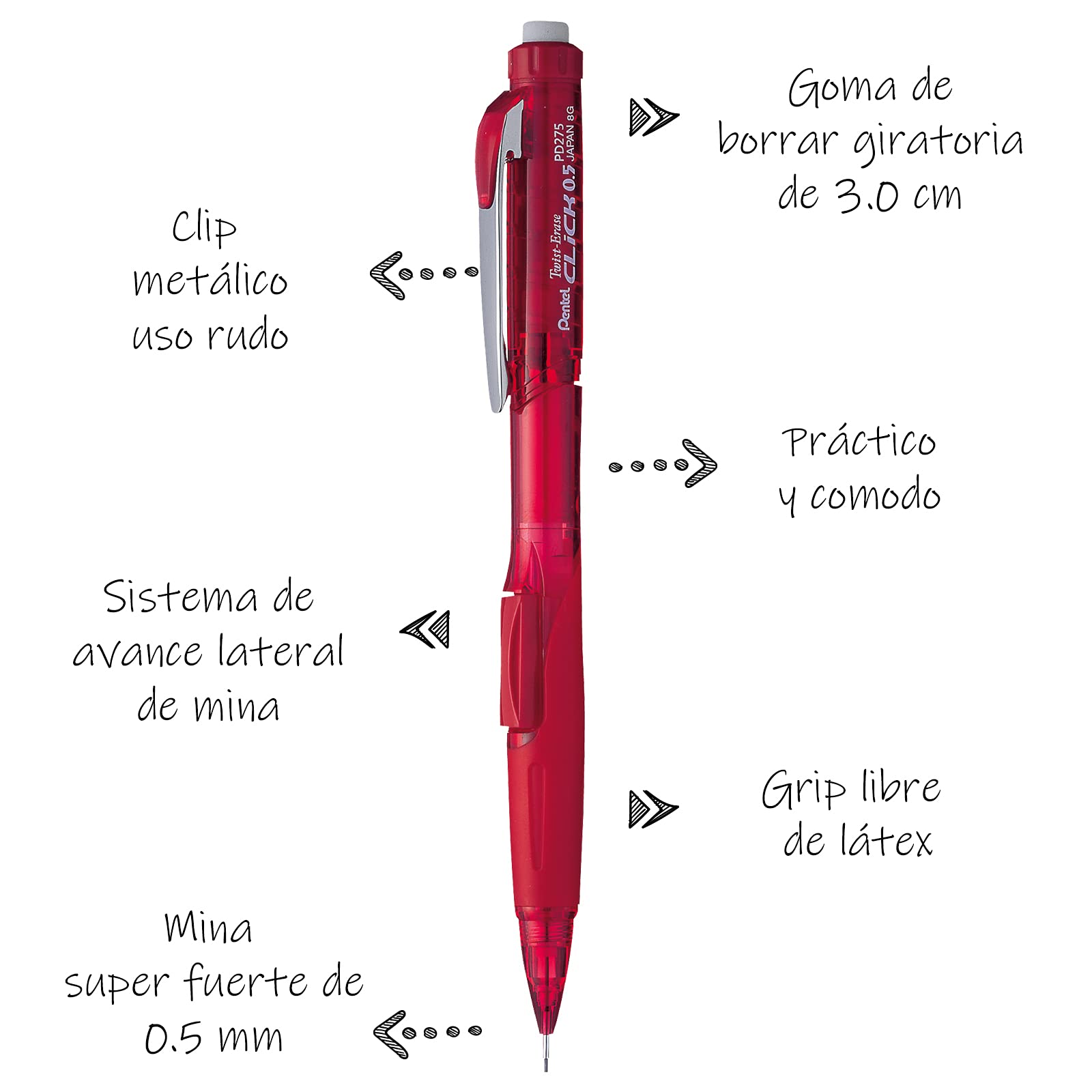Pentel Twist Erase Click 12 Stück Druckbleistifte 0,5 mm rot