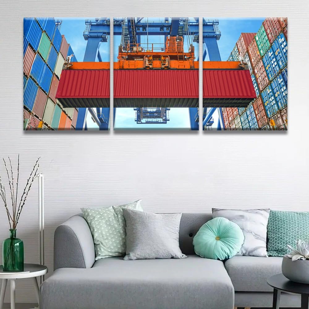Shore Crane Loading Containers Wall Art Industrial Port Canvas Wall Art 3 Pieces Containers Posters & Prints Wall Art for Living Room Bedroom Decor Framed Ready to Hang 12X16INCH X3