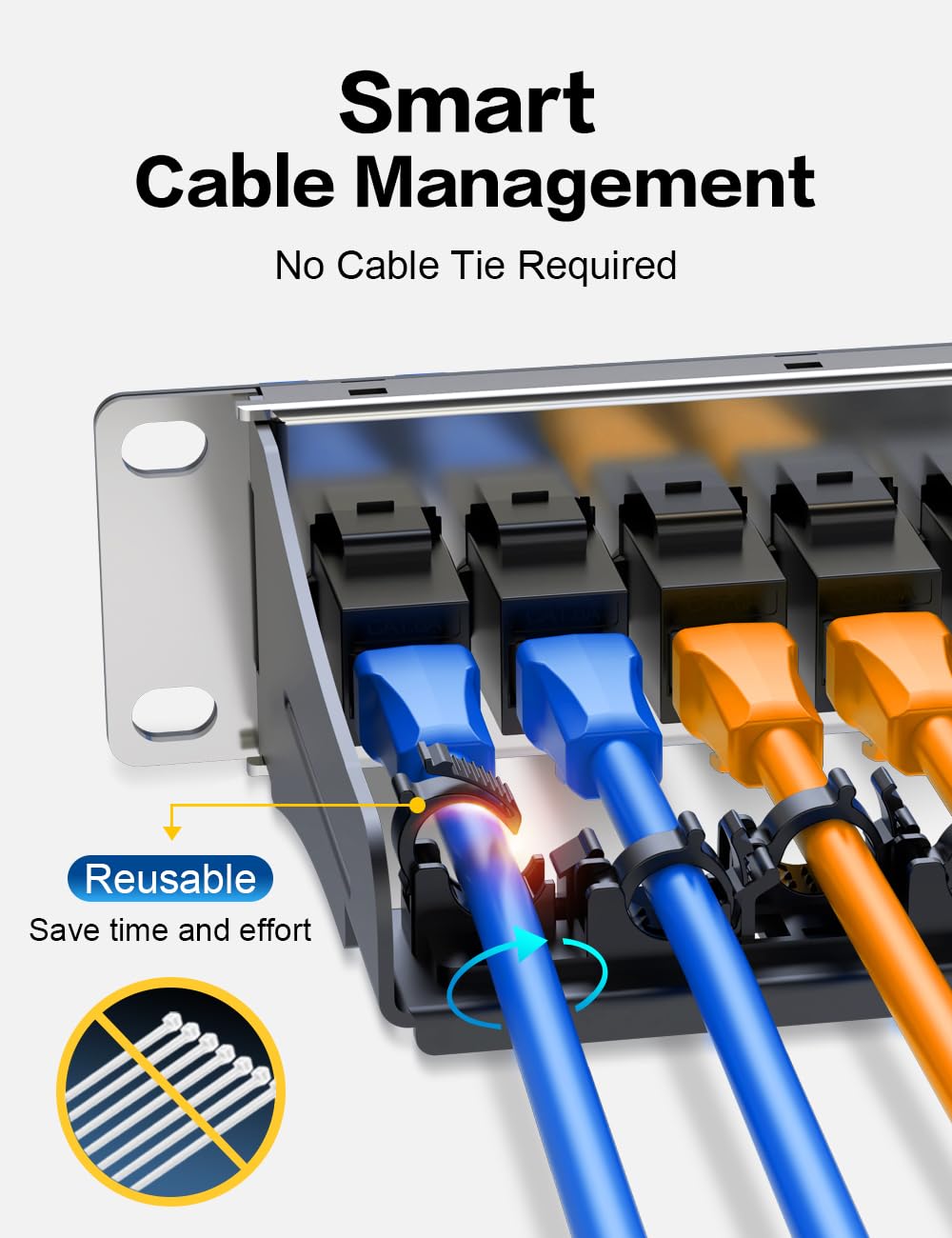 Panneau de brassage 1U 12 ports Cat6a Keystone Panneau de brassage réseau blindé avec câble intelligent (pas d'attache de câble nécessaire) Gestion pour rack de 25,4 cm