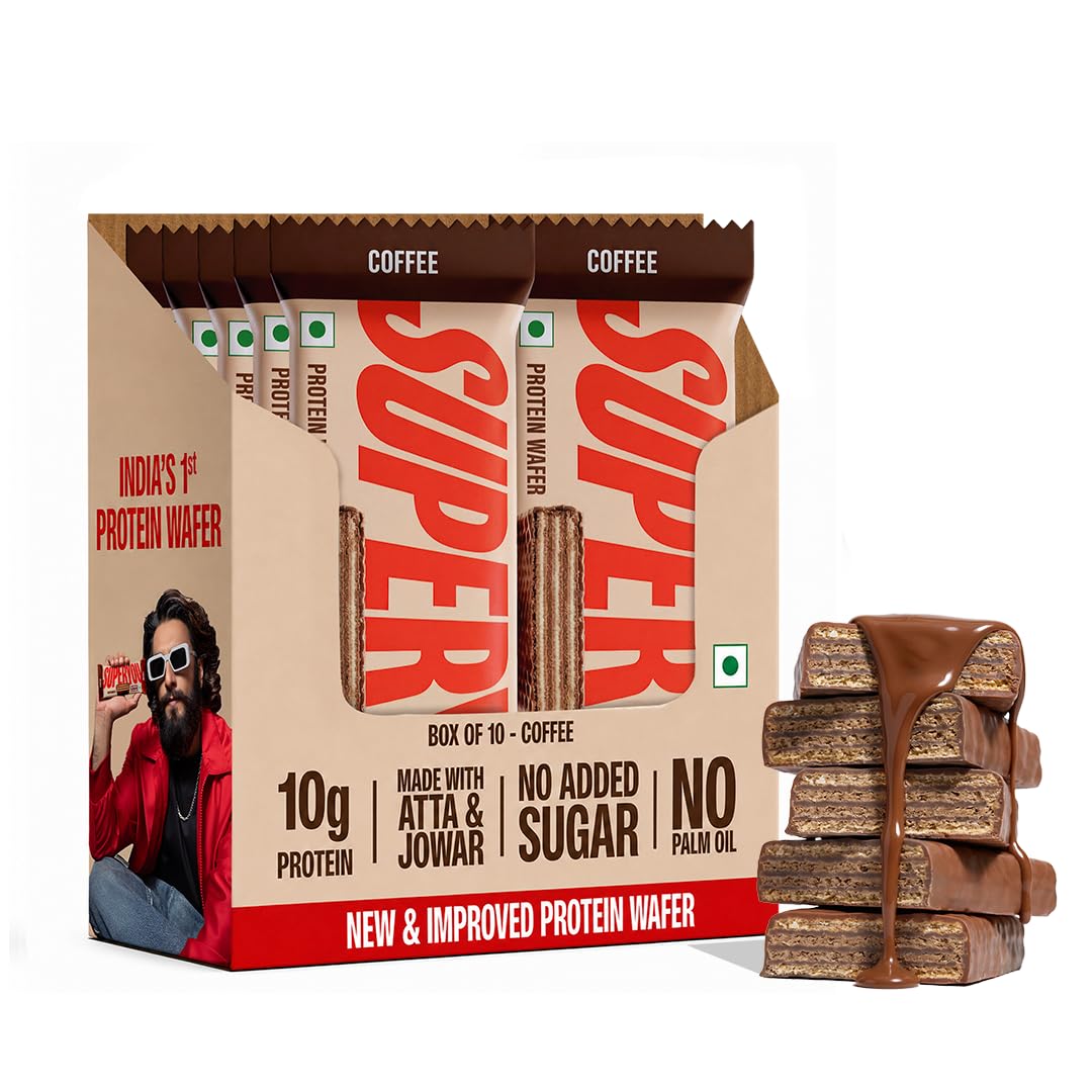 superyou coffee protein wafer bars (pack of 10)|10g protein, 3g fiber, no added sugar|yeast fermented protein|energy bars|crunchy wafer bar|100% vegetarian|no palm oil|400g