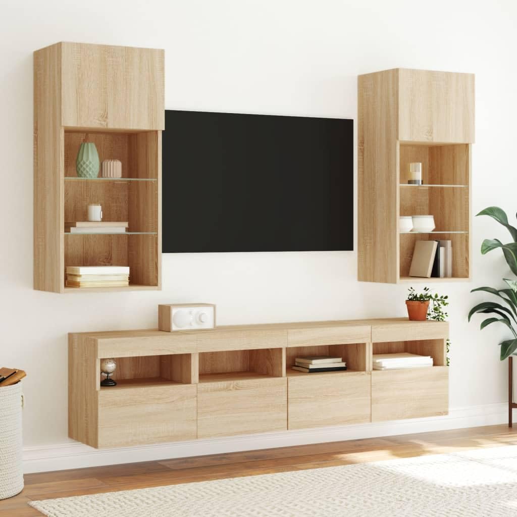 Gecheer 5-TLG.parete per soggiorno, parete con illuminazione a LED, pensile per TV, TV bassa, mobile per TV, TV da salotto, TV, in legno, vetro
