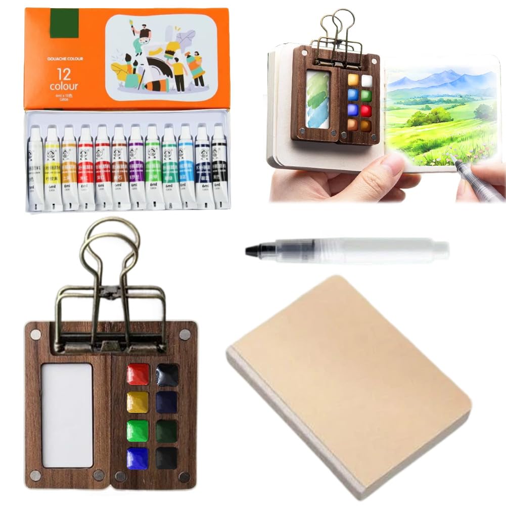 Carnet Aquarelle Palette D'aquarelle De Voyage – Carnet De Croquis Portable, 15 Grilles – Palette De Peinture De Voyage En Bois | Boîte Magnétique Pour Peinture à L'aquarelle, Boîte De Peinture Faite
