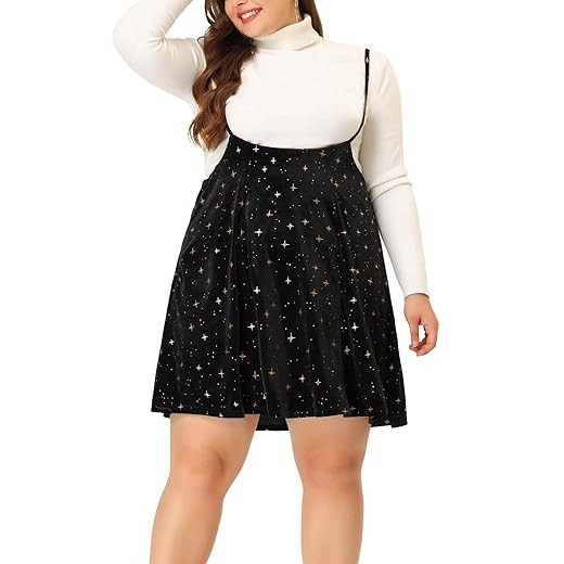 Agnes Orinda Plus Size Velvet Skater Skirts for Women Flared Gilding Metallic Shiny Star Suspender Braces Skirt Christmas 2X Black