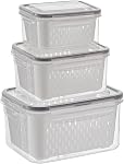 3 Pack Fridge Fruit Storage Containers, Vegetable storage with Airtight Lids,Removable Colander,Microwave & Dishwasher Safe,Keep Fresh for Salad, Lettuce, Vegetables, Meat (Grey, Rectangular)