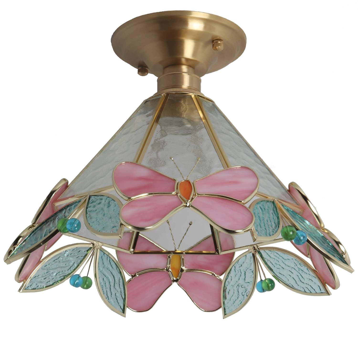 Bieye L30997 Deckenleuchte Tiffany-Stil, Rosa, 31 cm | Schmetterlings- und Blumenmotiv, Buntglas