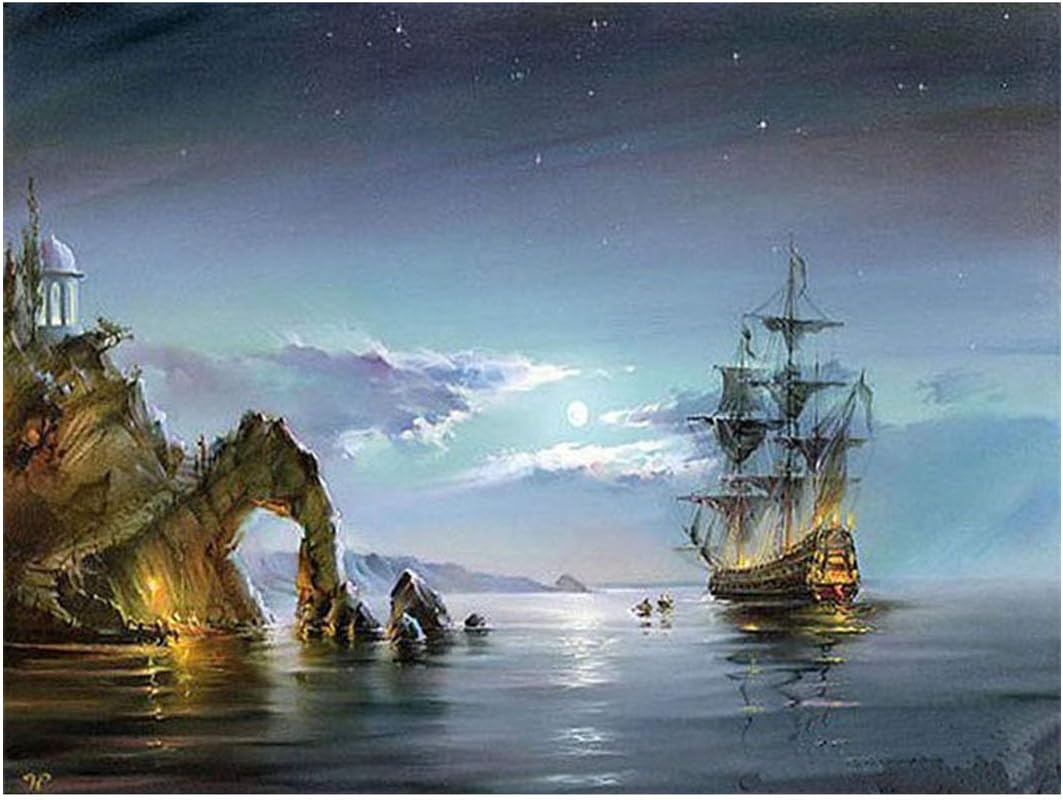 Paint by Numbers DIY Painting Kits for Adults Beginner Ship at Sea Ocean Scene (with Wooden Framed, Ocean Scene)