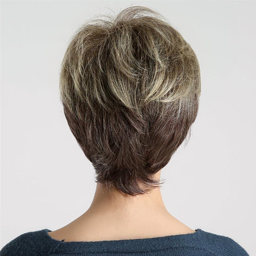 YuanYouTong Short Pixie Cut Wig for Women - Blonde With Dark Roots, Bangs, Natural Straight, Fluffy Layered, Heat Resistant Synthetic Hair Replacement for Party Daily Wear - Image 3