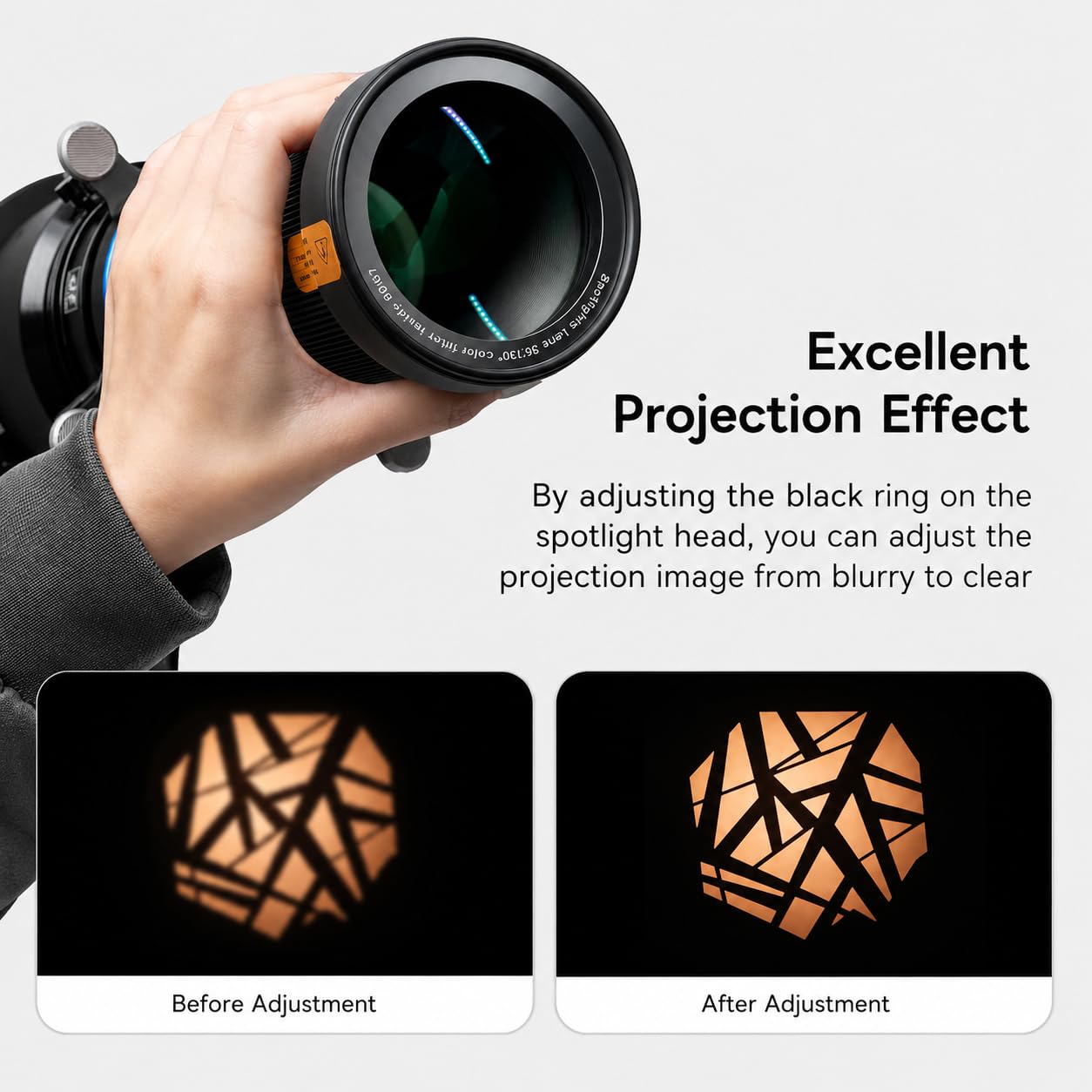 Bowens-Mount-Snoot-Spotlight-GOBO-Projektor mit 4-Lamellen-Abschirmklappe, für Aputure Amaran 60D/100D/200D, Godox SL60/100/150/200/300, 30 Gobos & 5 Farbfilter (MAX)
