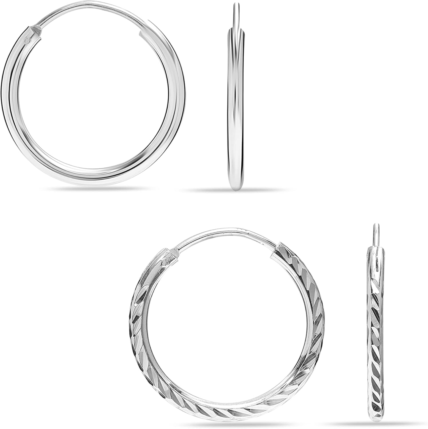 LeCalla 925 Sterling Silver Set of Hoop Earrings Two-Tone Diamond-cut Classic Sleeper Endless Hoops Earring for Women