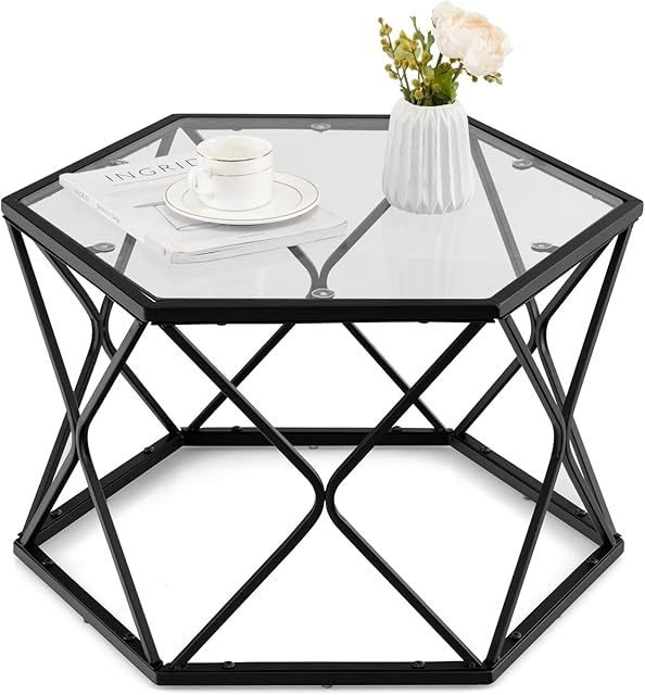 CASART Hexagonal Coffee Tables, Metal Frame Sofa Tea Table with Tempered Glass Top, Modern Accent End Tables for Living Room Bedroom Office(65 x 56 x 40cm)