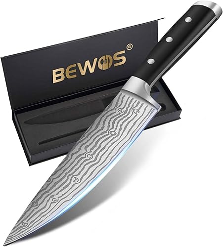BEWOS Cuchillo de chef de 8.3 pulgadas, cuchillo de cocina profesional con afilador de cuchillos, juego de cuchillos de chef ultra afilados,