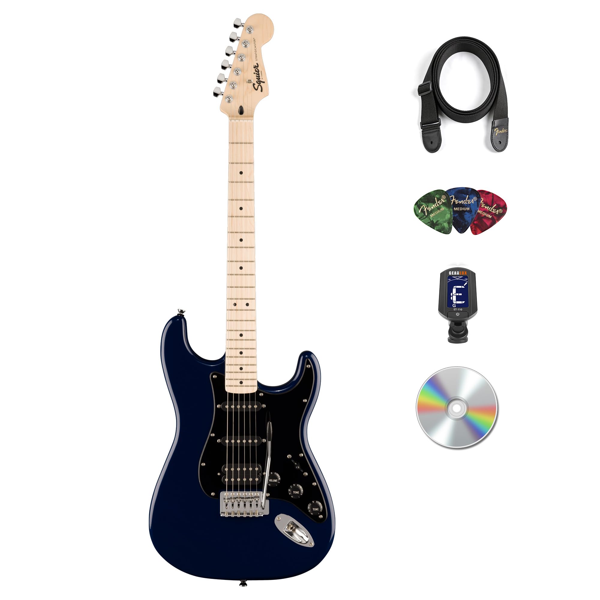 Fender Squier Sonic Stratocaster HSS - Midnight Blue Bundle with Tuner, Strap, Picks, and Austin Bazaar Instructional DVD