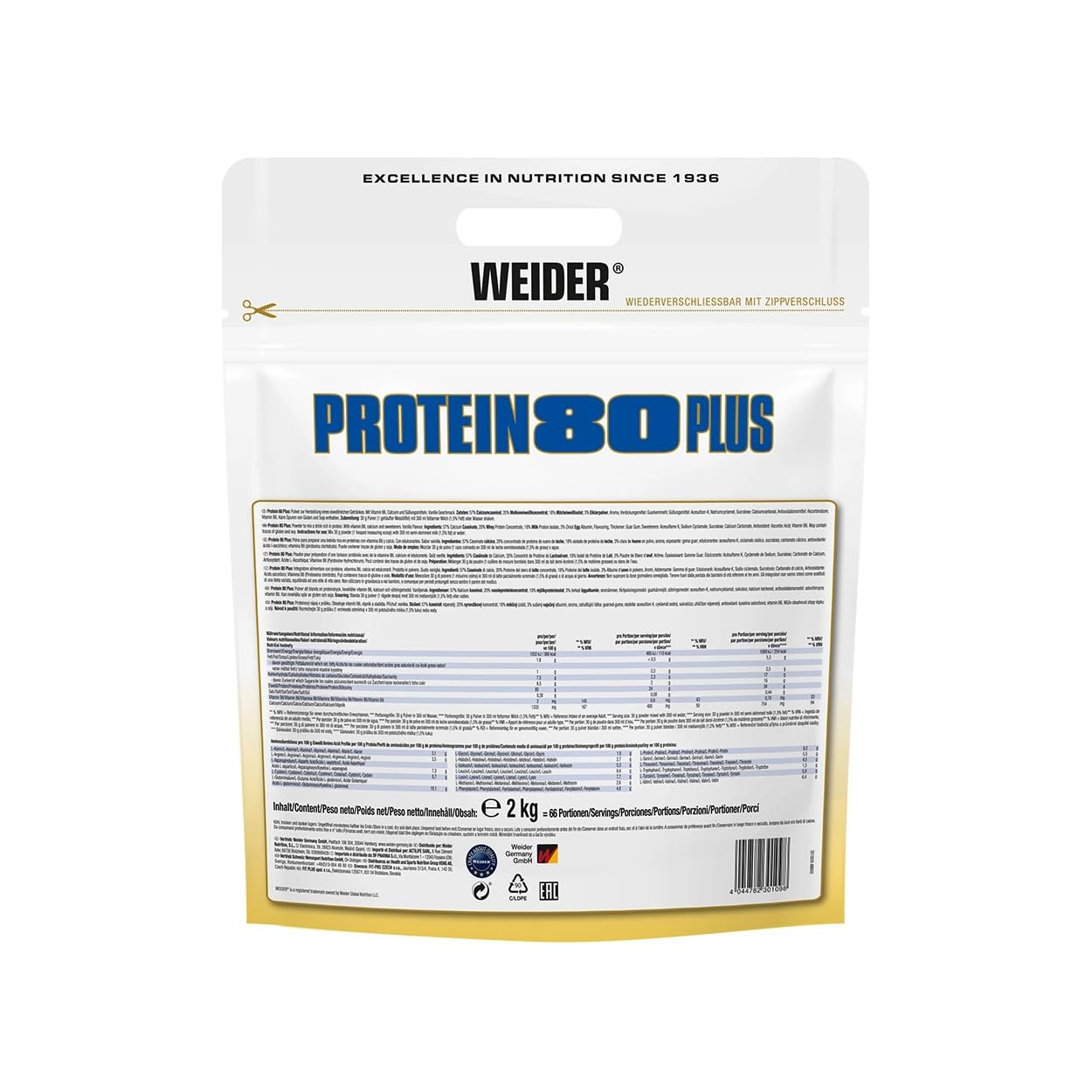 Weider - Protein 80 Plus - 4-Komponenten Protein Pulver - Hoher Proteingehalt mit 80% Eiweiß - Cremige Shakes mit Calcium & Vitamin B6 - 2kg - Vanille