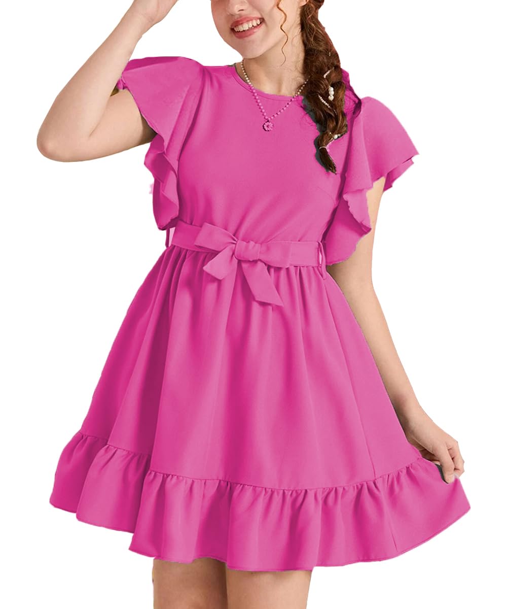 RETSUGO Girl Spring Summer Dresses Butterfly Sleeve Cotton A Line Ruffles School Dress for 6-14 Years Kids