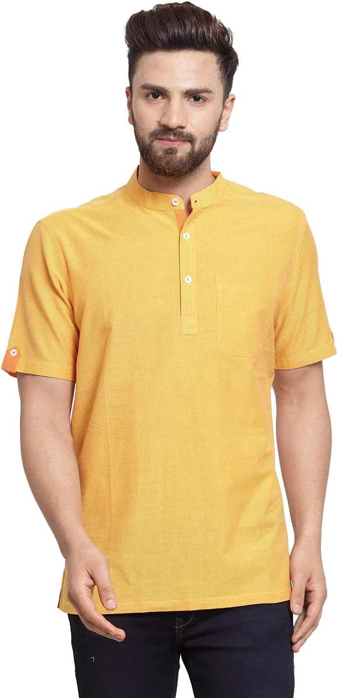NEUDIS Premium Cotton Short Roll Up Sleeve Mandarin Collar Short Kurta for Men Partyware Dress (Yellow)