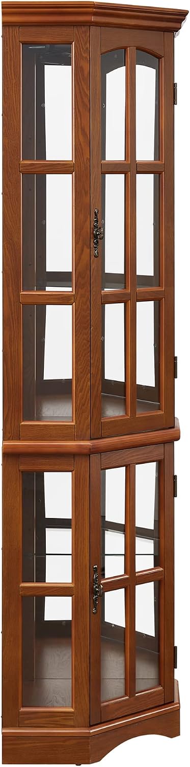 GOOD & GRACIOUS Corner Curio Cabinet with Lights, Adjustable Tempered Glass Shelves, Mirrored Back, Display Cabinet,Oak