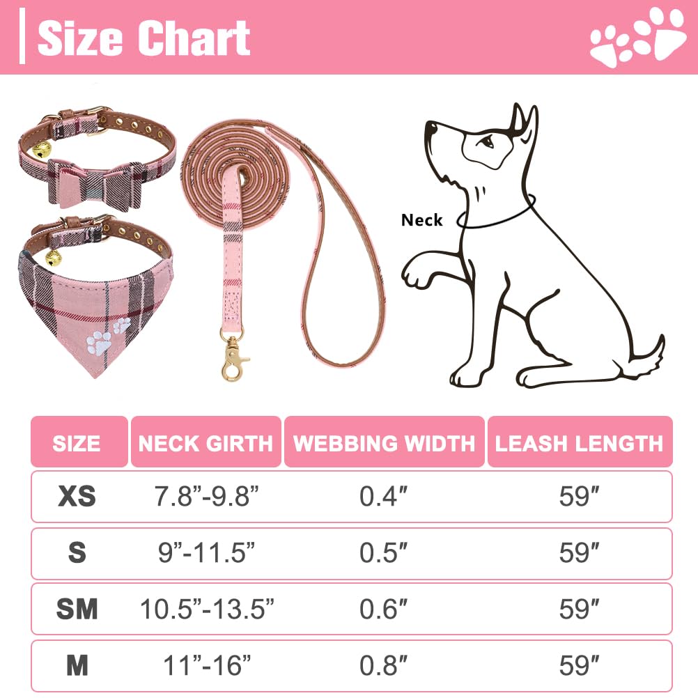 EXPAWLORER Dog Collar and Lead Set, Classic Plaid Bow Tie and Embroidery Pawprint Bandana Dog Collar with Bell - Image 4
