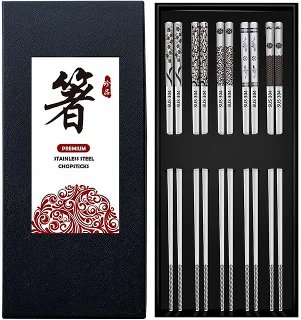 Bosdontek Metal Chopsticks Reusable 5 Pairs Stainless Steel Chopsticks Dishwasher Safe with Engraving Pattern Japanese Chop Sticks Easy Clean Chopsticks Gift Set (Silver) (A Pattern)