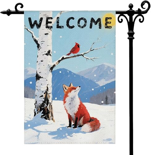 Bandera de jardín cardenal de zorro de invierno de bienvenida para exteriores, pájaros rojos, abedules blancos, bandera decorativa de doble cara,