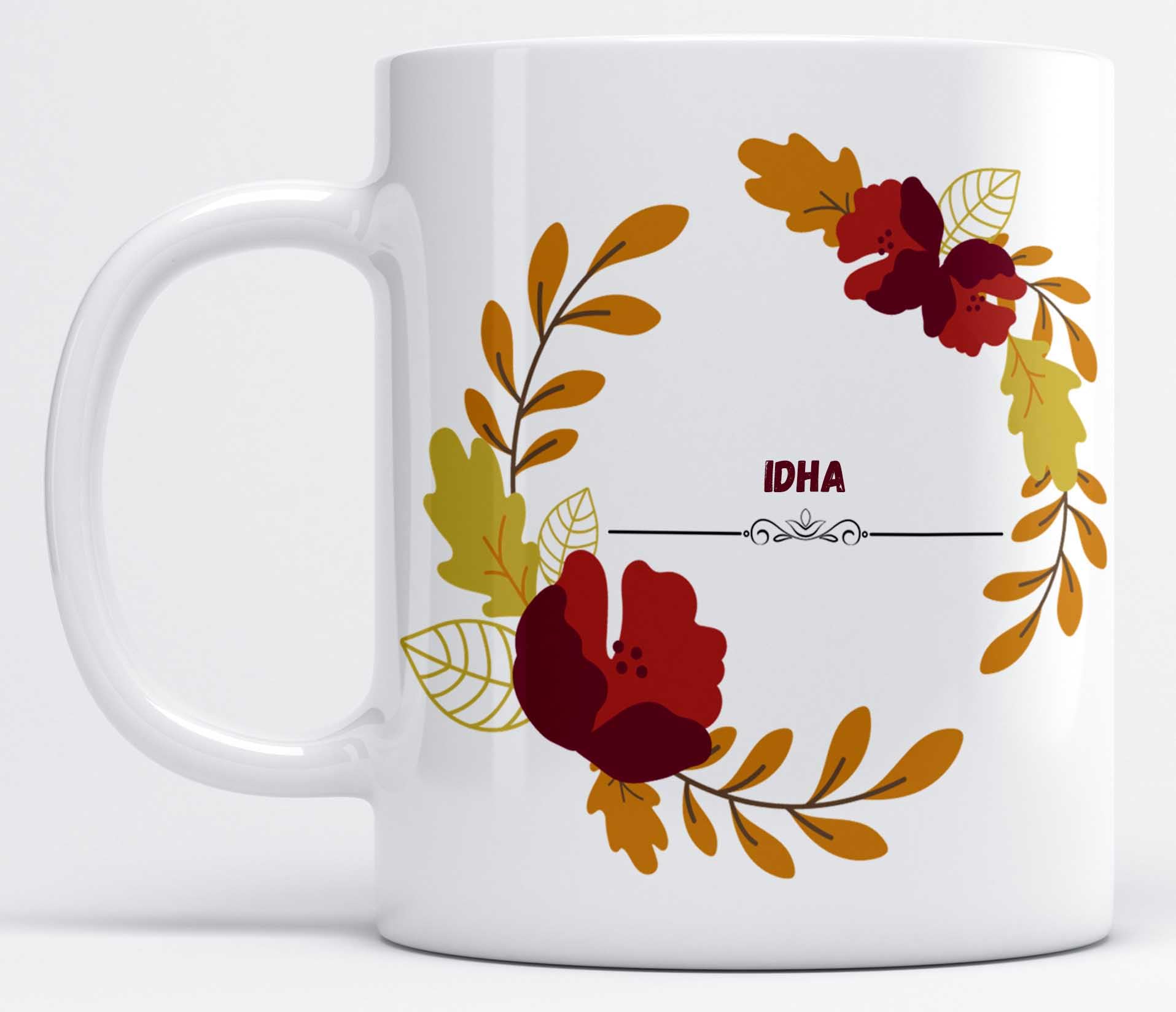 LOROFY Name IDHA Printed Maroon Floral Design White Ceramic Coffee Mug (350ML)