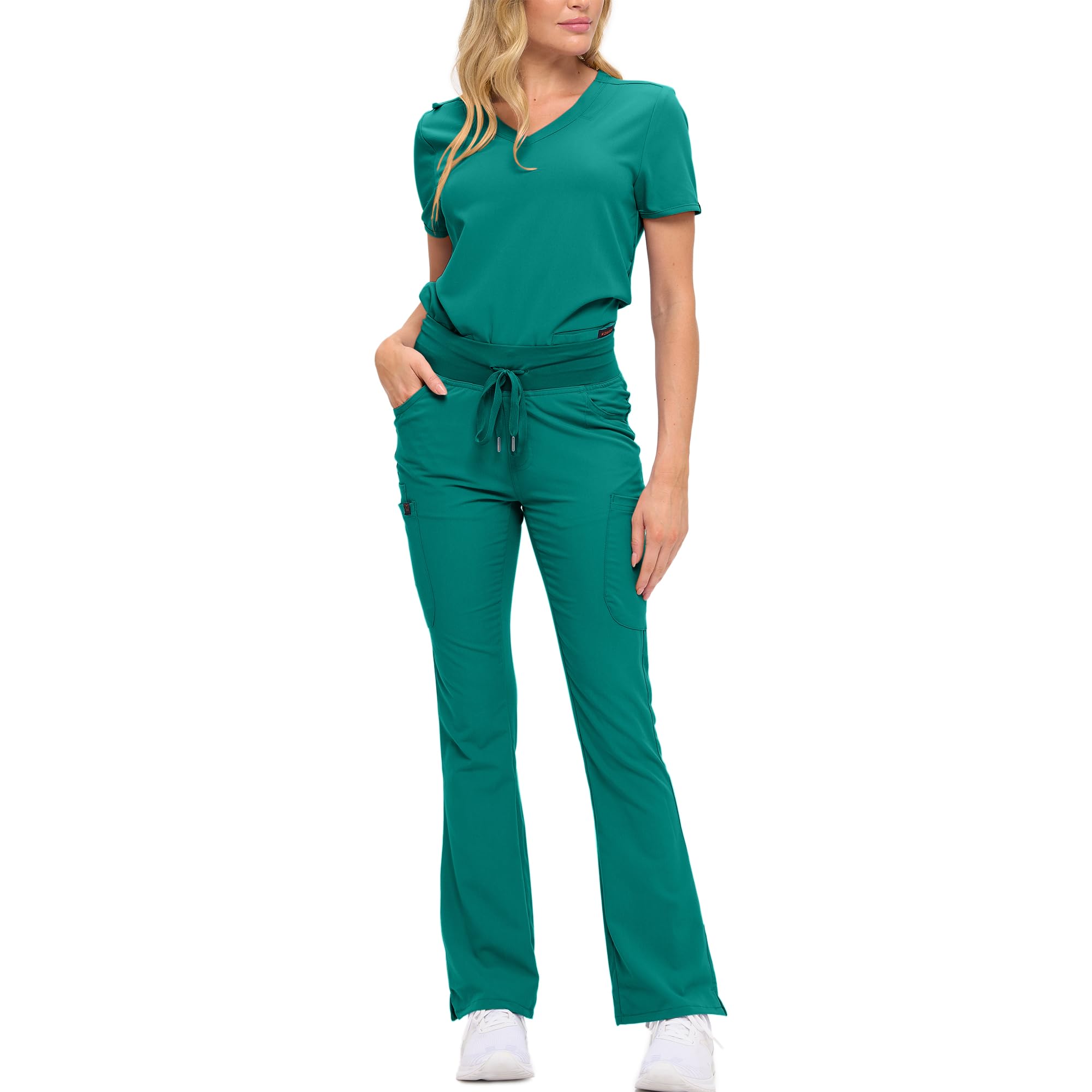 Womens Soft Stretch Scrub Set With Nine Pockets V-Neck Top High-Waisted Bootcut Pants