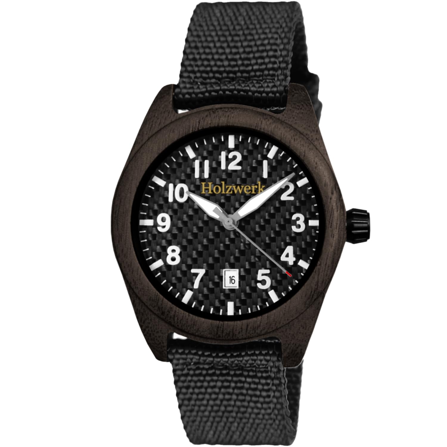 Handgefertigte Holzwerk Designer Damen Herren Uhr Öko Natur Holz Armband Analog Klassisch Quarz in Schwarz Braun Weiß Datum mit Textil Nylon Armband
