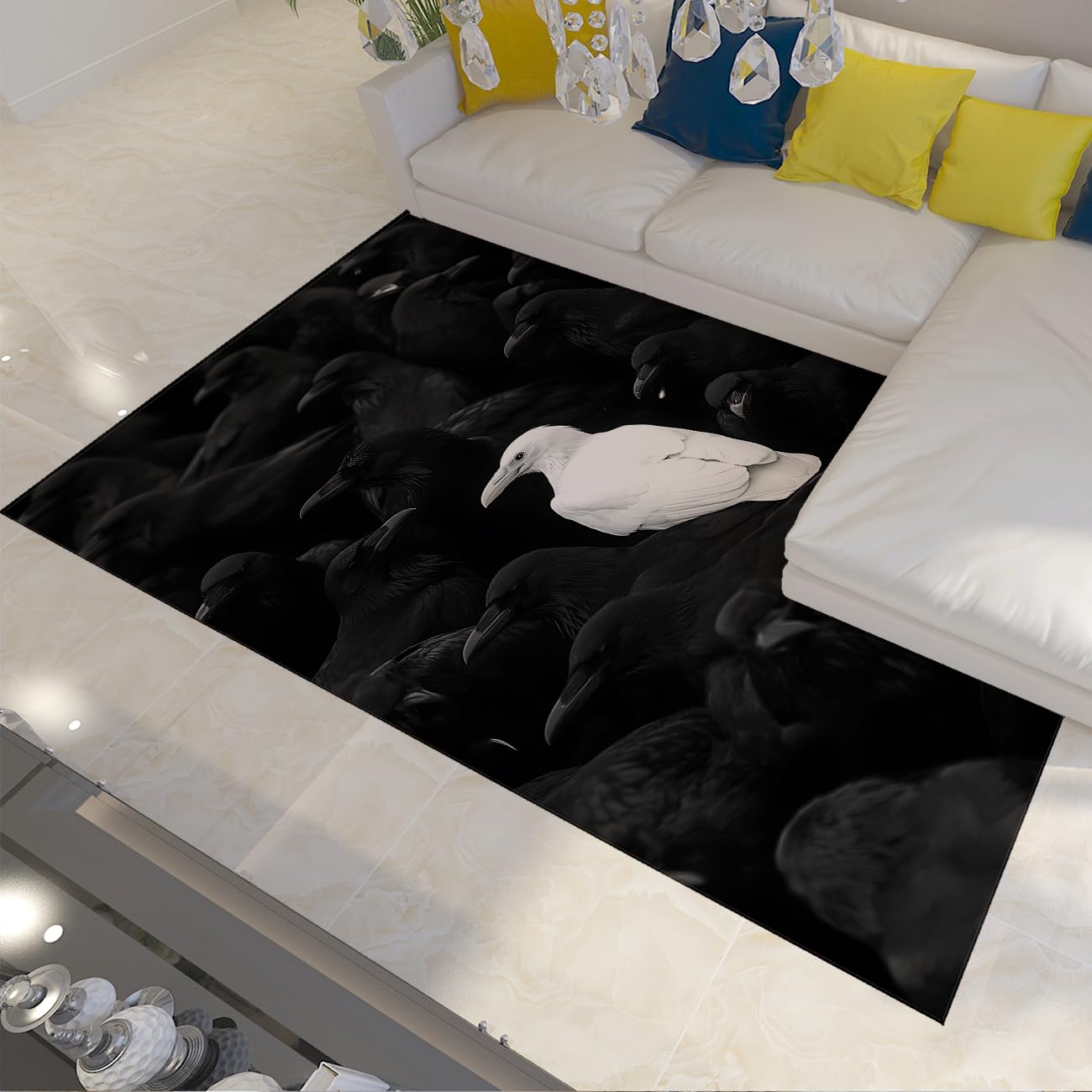 Tapis modernes frappant volée d'oiseaux noir et blanc grand format lavable