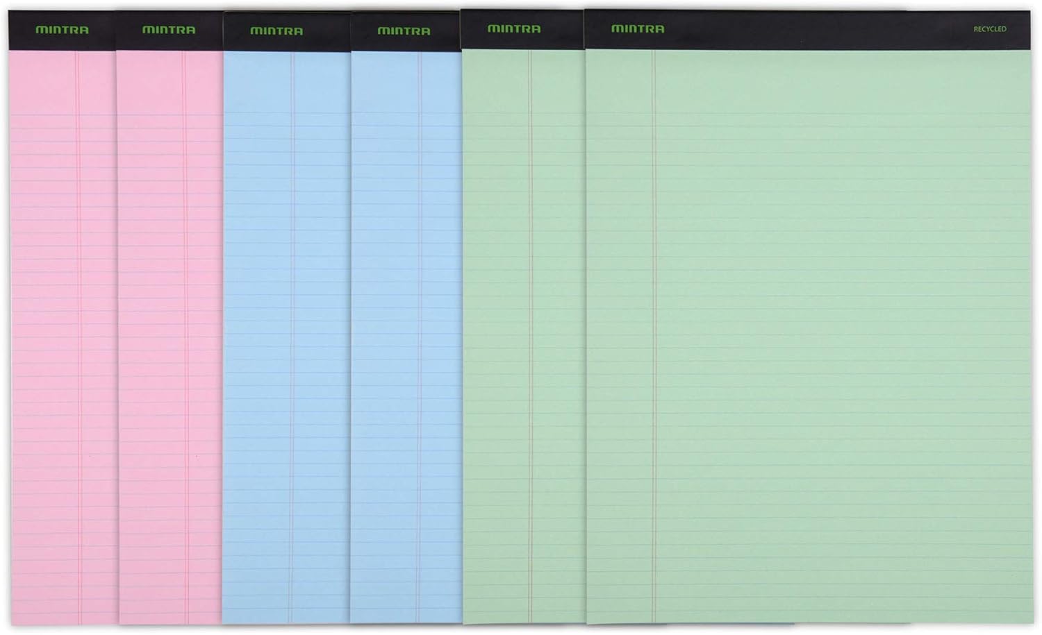 Mintra Office Recycled Writing Pads 6pk (Pastel, Narrow Ruled (8.5in x 11in)) - 50 Sheets per Notepad, Micro perforated, Legal Pad, Notebook Paper for School, College, Office, Business