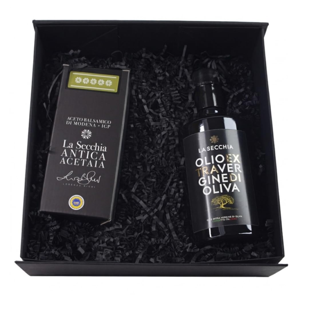 La Secchia - Cesta gastronómica artesanal, aceite de oliva virgen extra, vinagre balsámico de Módena IGP 5 Estrellas, set gourmet, productos italianos artesanales
