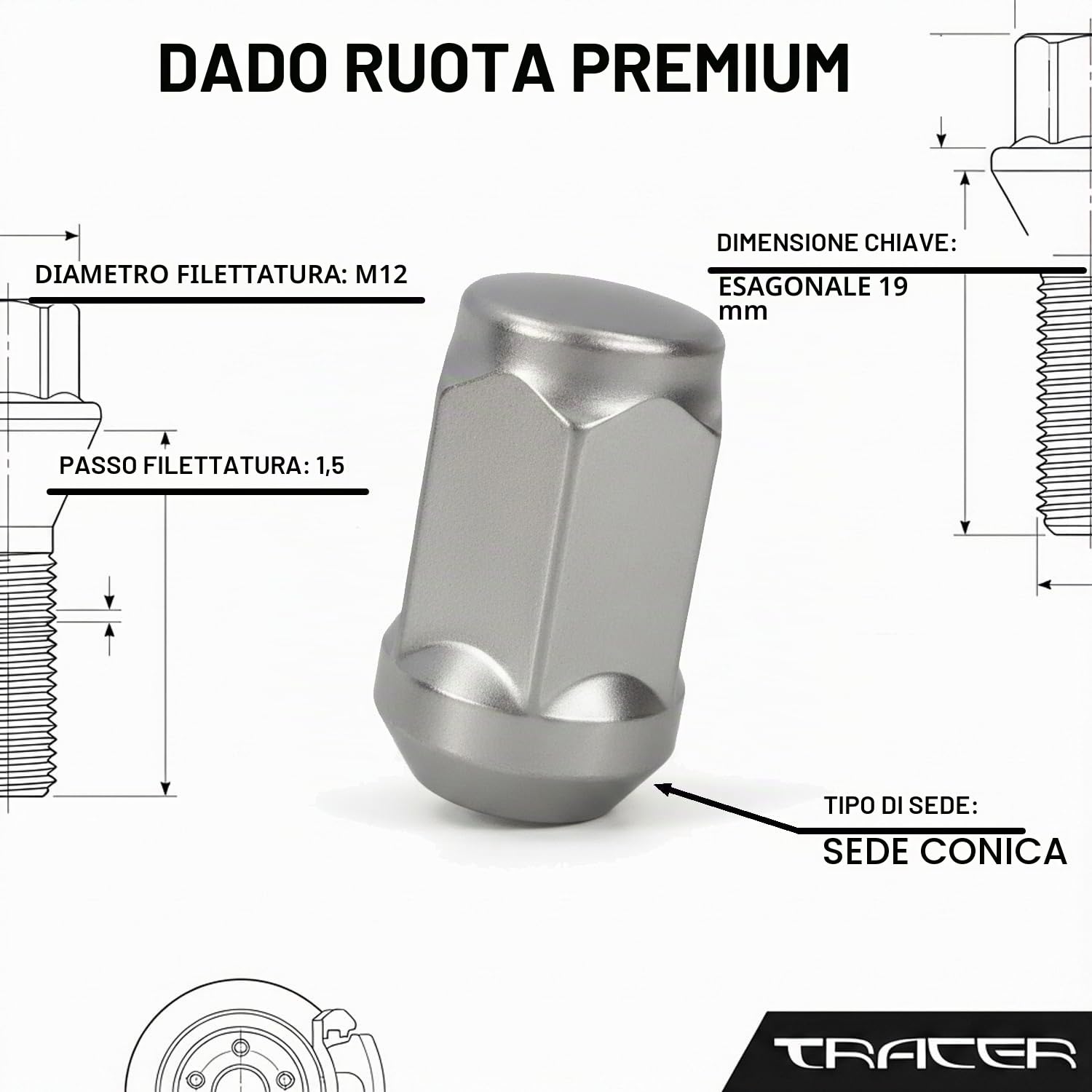 20 dadi ruota collare conico chiuso 60° M12 x 1,5 compatibile con Ford, Chrysler, Toyota, Hyundai, Kia, Honda, Mazda