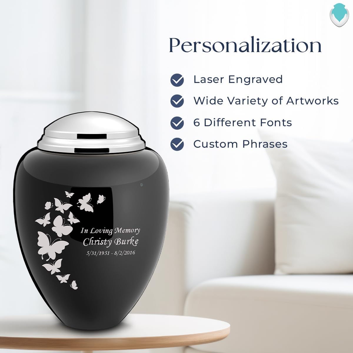 Geturns Tribute Adult Personalized Butterfly Cremation Urns for Human Ashes I Large Black & Shiny Pewter Funeral Urn for Men and Women I 220 lbs