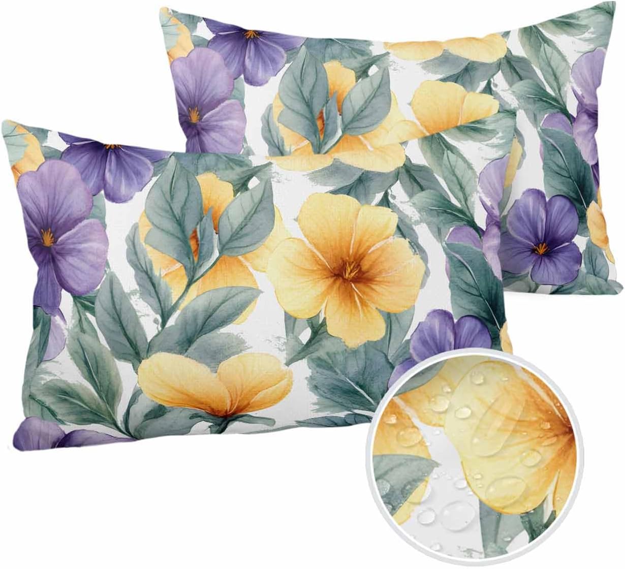 Purple Yellow Flower Spring Plant Outdoor Pillow Covers 20x20in Pack of 2 Waterproof Pillowcase Farm Green Leaf Retro Decorative Throw Cushion Case for Patio Couch Sofa