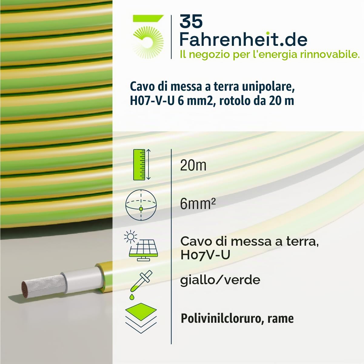 Cavo di messa a terra, 20 m, 6 mm², H07V-U, cavo in rame singolo, BV Single Core, ad alta corrente, 450/750 V, certificato VDE, per messa a terra, installazione elettrica, impianti solari, edilizia