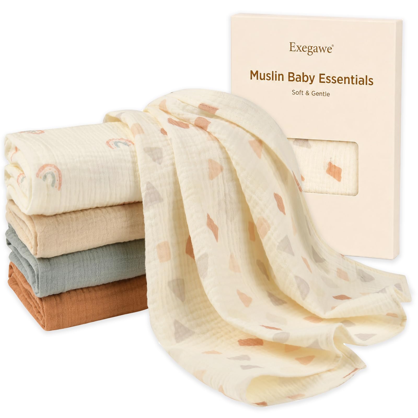 Exegawe Baby Muslin Cotton Squares Cloths 5-Pack, 60x60cm(Rainbow Set)
