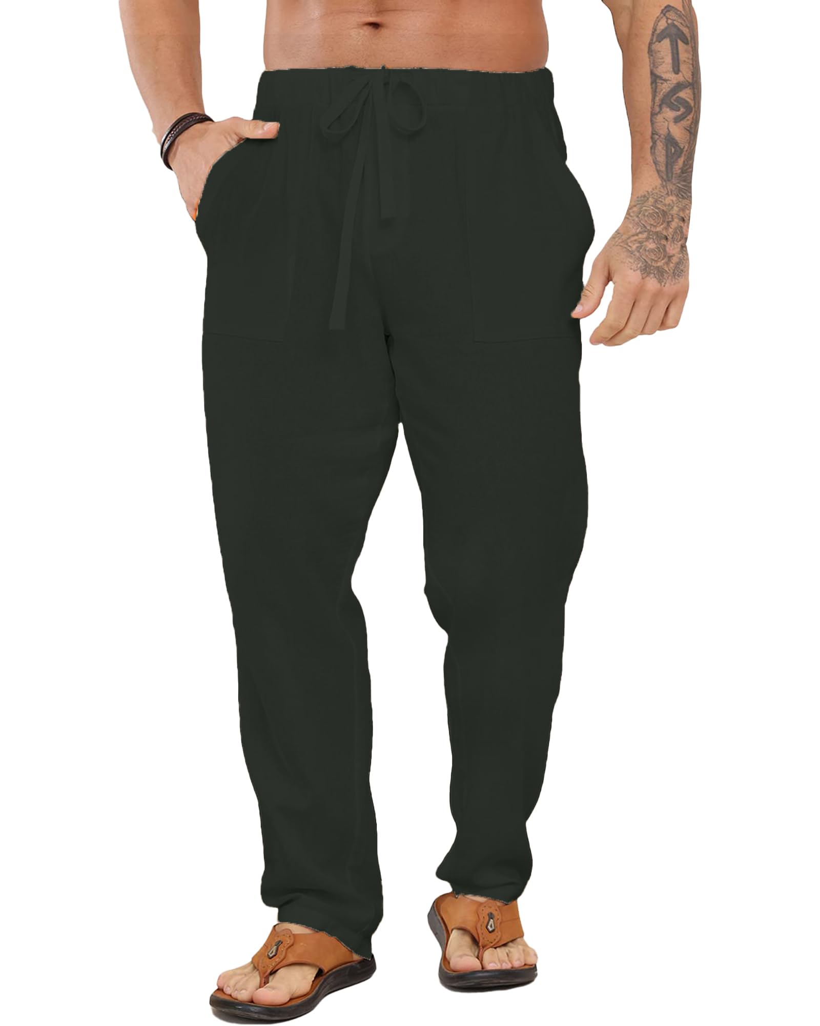 LVCBL Herren Leinenhose Lange Herren Stoffhose mit Taschen Luftig Sonnenschutz Strandhose M-3XL