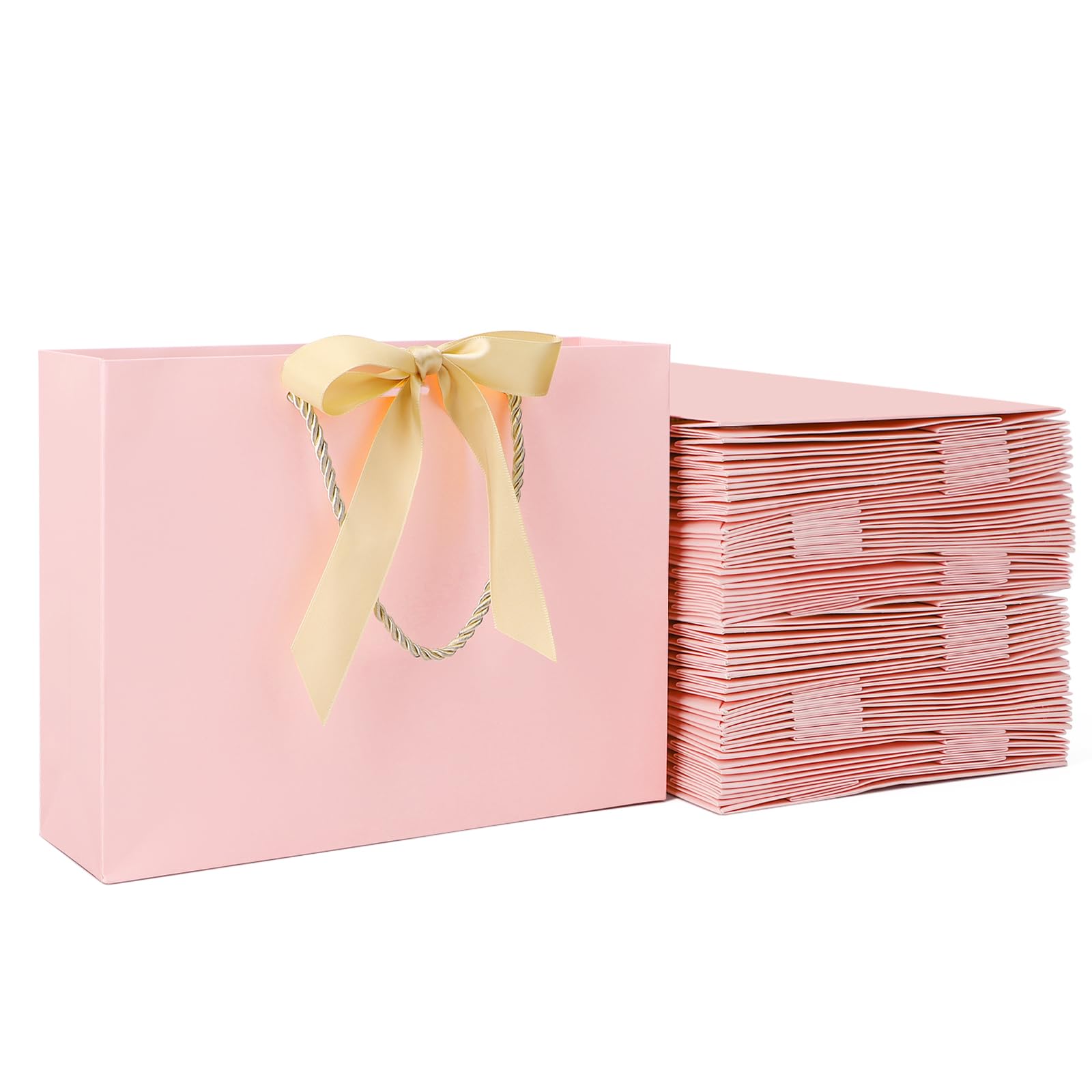 EUSOAR Pink Paper Bags with Handles - 50 Pack Gift Bags with Ribbon Bow for Presents - M 27x8x21cm Medium 230GSM for Gift Wrapping - Multipack for Birthday Wedding Party