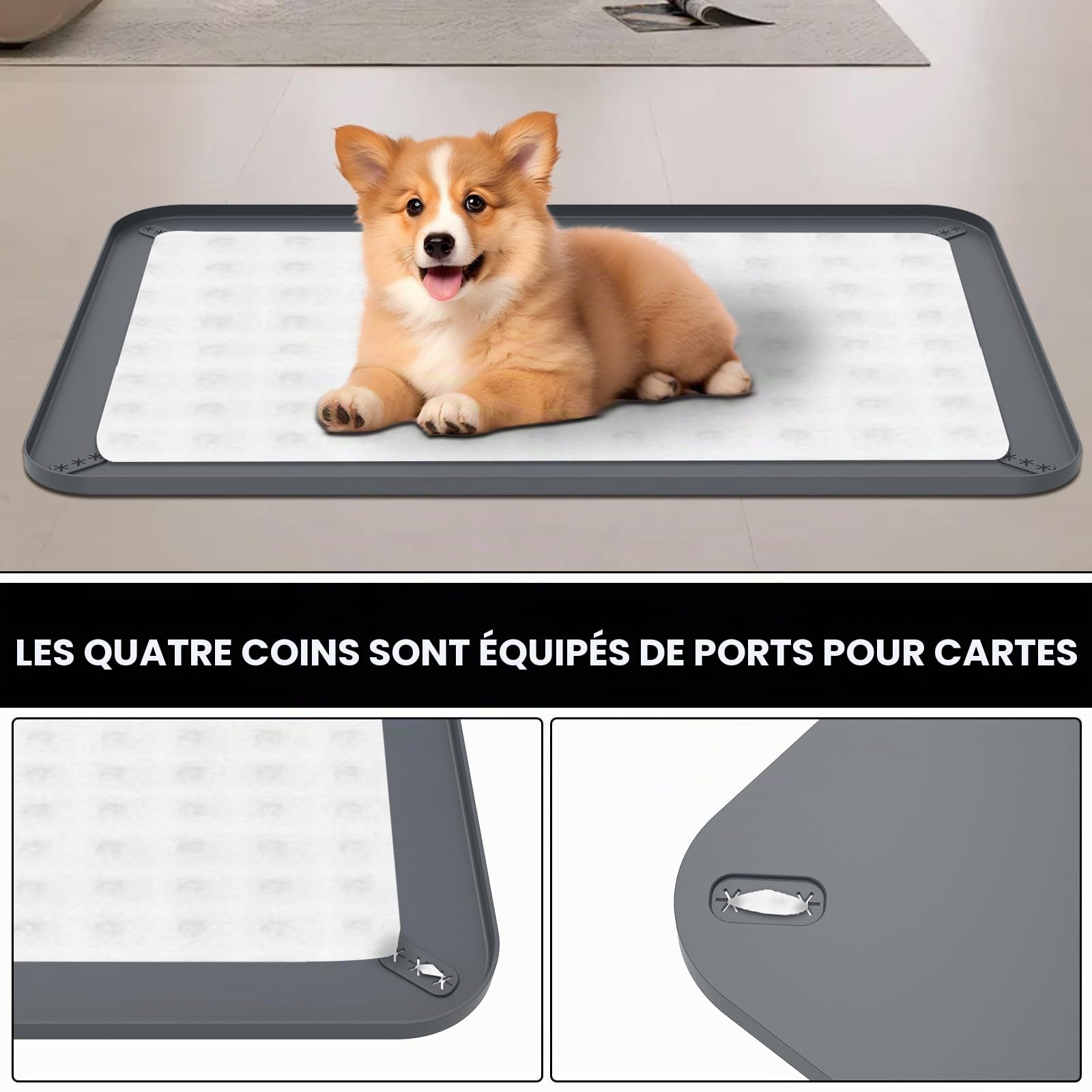 Tapis d'urine en silicone pour chiot, tapis étanche avec bord surélevé de 1,5 cm, plateau d'apprentissage de la propreté pour chiot de 92 x 64 cm, protecteur de sol antidérapant et lavable pour chiens