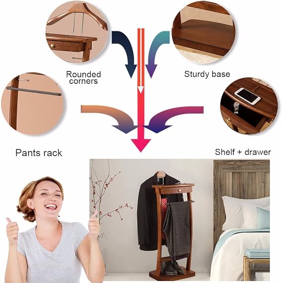 Suit Valet Stand with Tray, Wood Valet Stand for Men, Floor Standing Clothes Valet Stand, Valet Stand for Office Living Room Bed Room 44.4X30X112.2CM (Walnut)