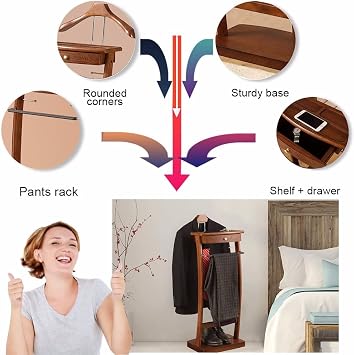 Suit Valet Stand with Tray, Wood Valet Stand for Men, Floor Standing Clothes Valet Stand, Valet Stand for Office Living Room Bed Room 44.4X30X112.2CM (Walnut)