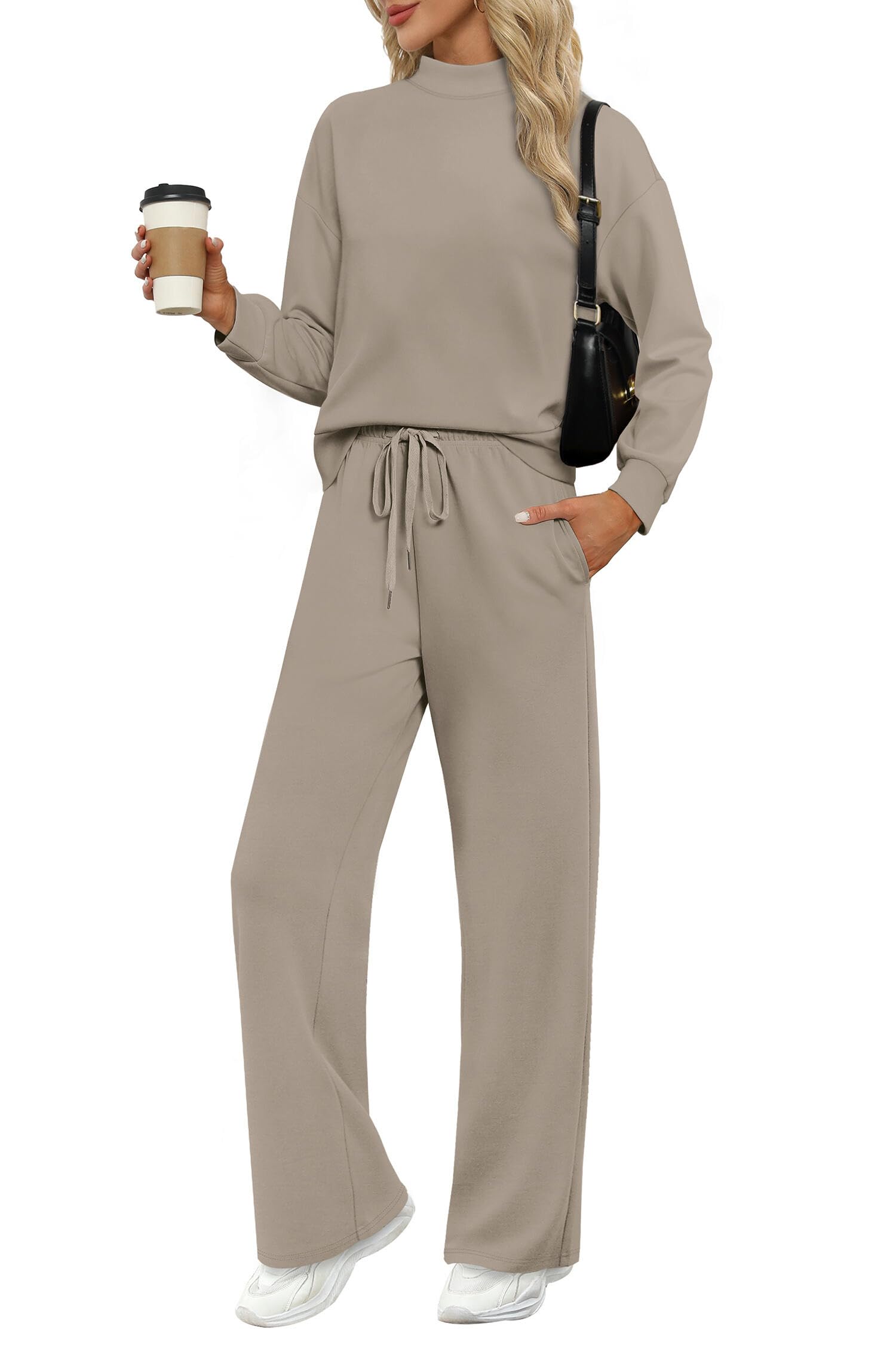 WIHOLL Two Piece Sets for Women Spring Outfits Lounge Sets Mock Neck Tops Wide Leg Pants Vacation Travel Airport Outfits